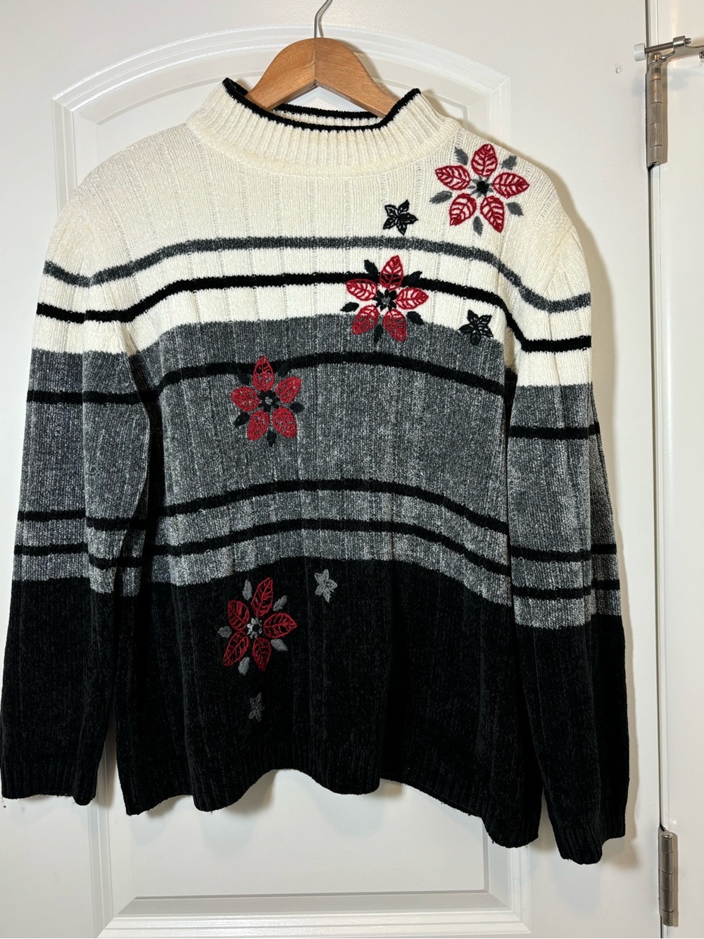 Alfred Dunner Black Gray Cream Striped Sweater with Red Floral Appliqués